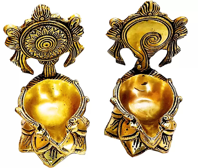 Brass Shankh Chakra Diya with Lotus Base