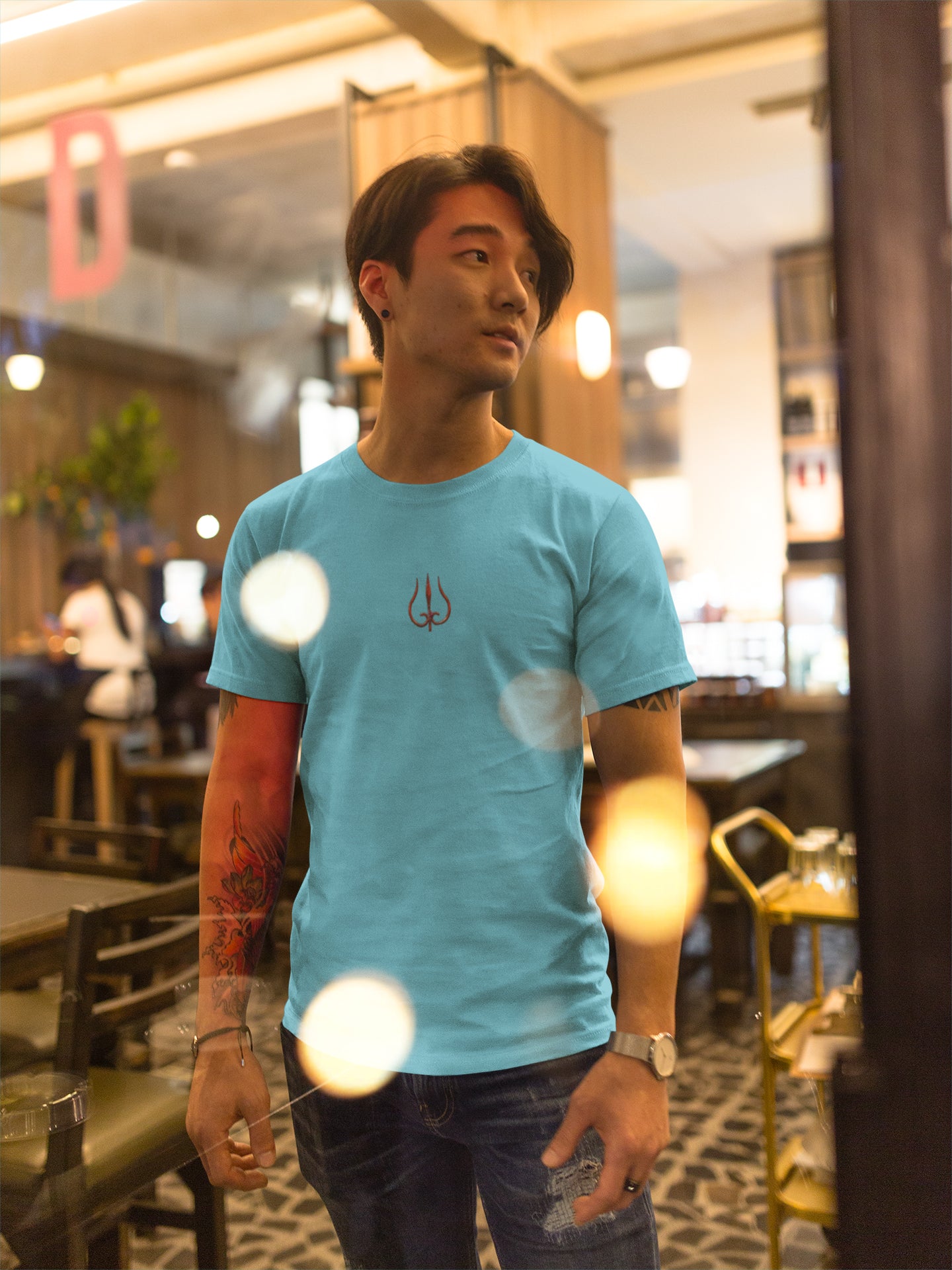 Trident Neck Print Summer T-shirt for Men