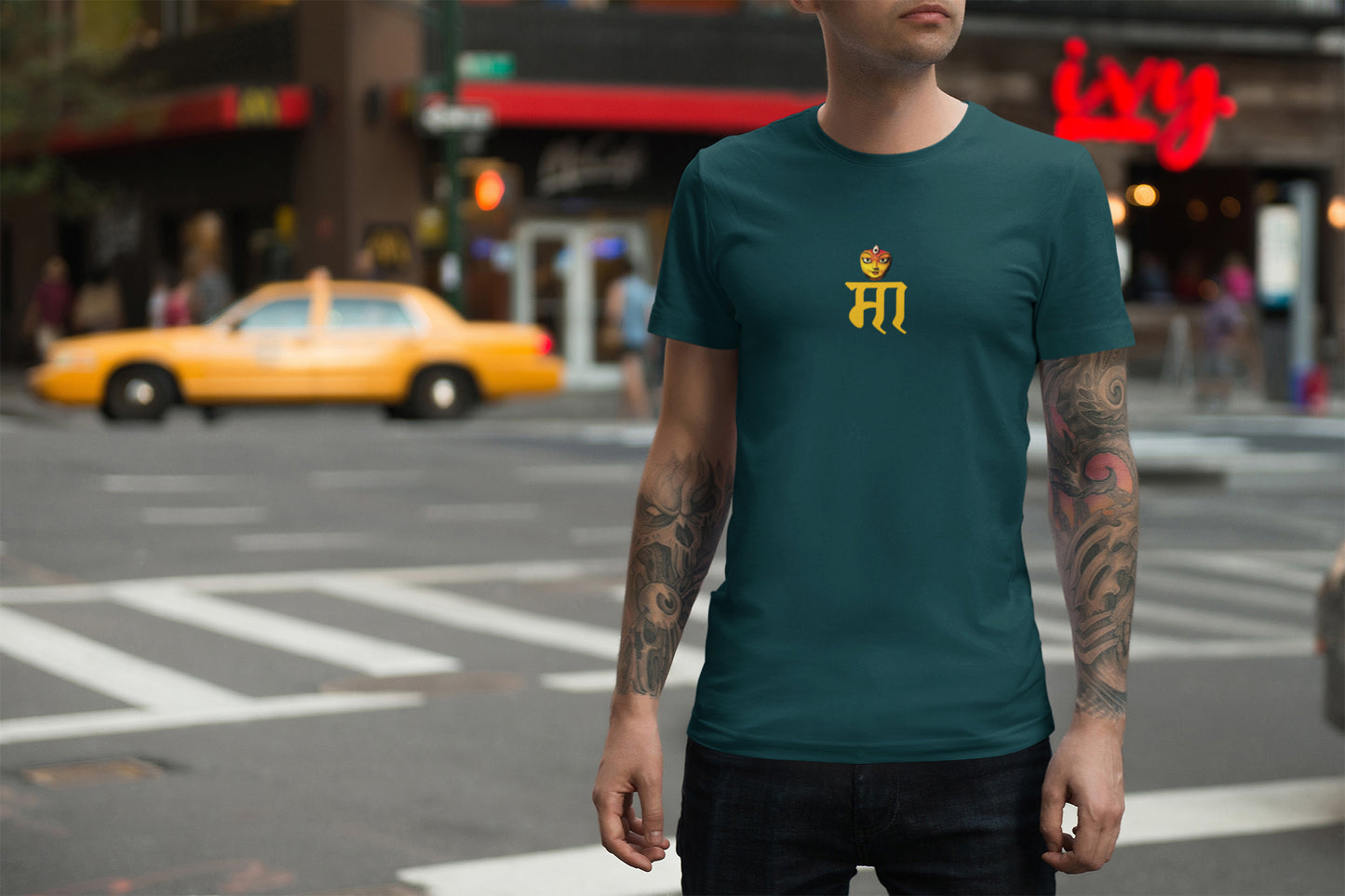 Maa Neck Yellow Print Summer T-shirt for Men