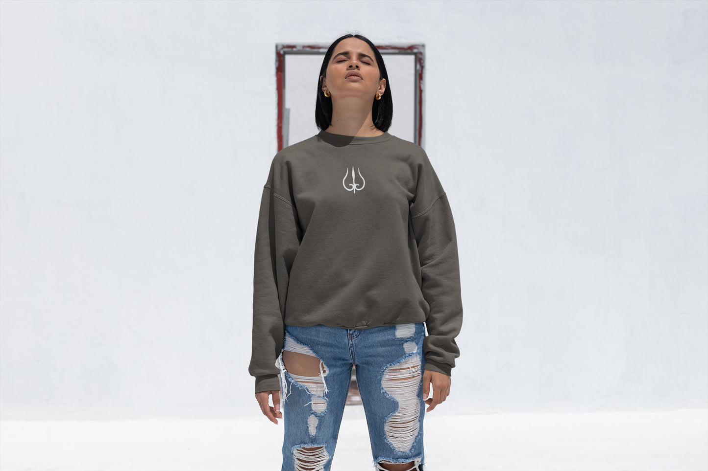White Trident Neck Print Unisex Sweatshirt