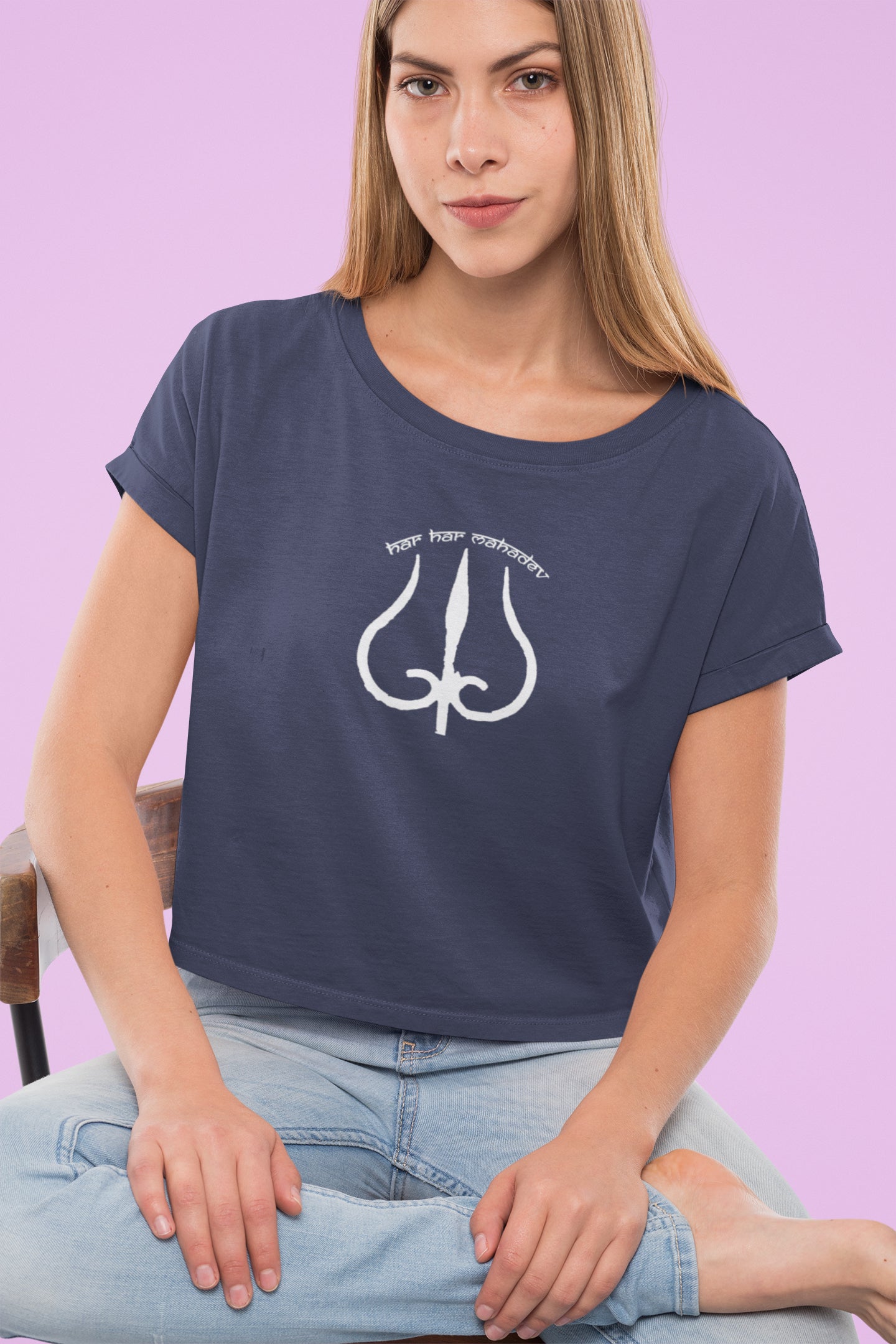 Crop Top for Ladies ( Har Har Mahadev White Trident )