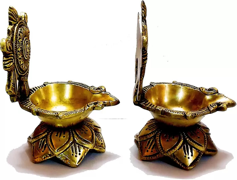 Brass Shankh Chakra Diya with Lotus Base