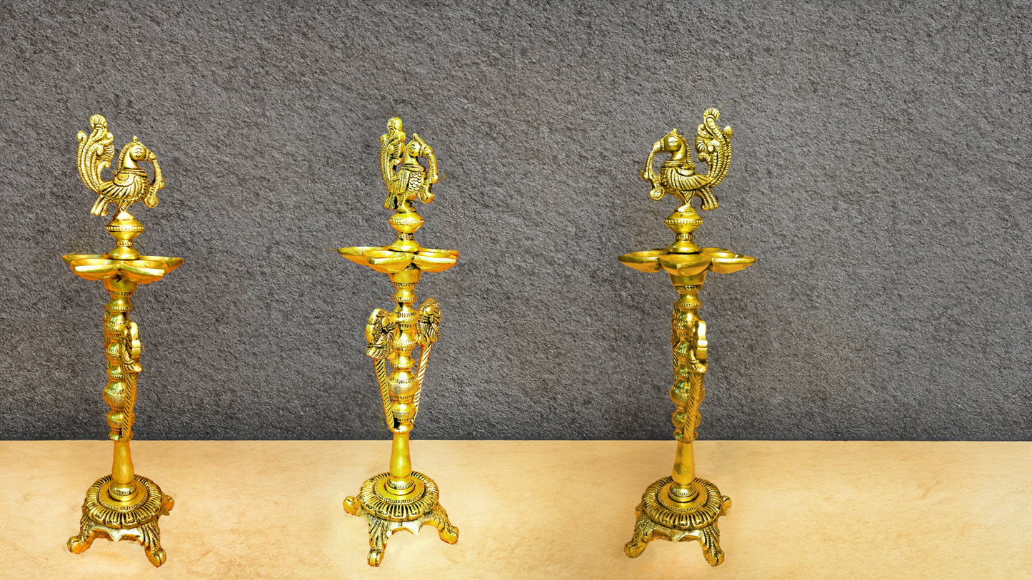 Brass Long Standing 5 Diya With Bird Design