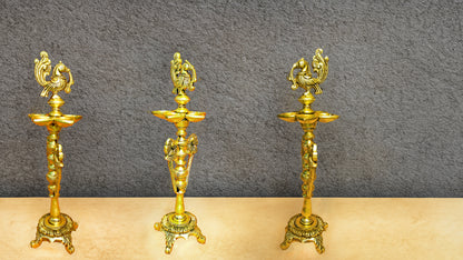 Brass Long Standing 5 Diya With Bird Design