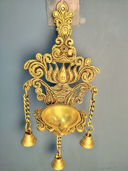 Brass Lotus Diya Bells Wall Hanging Home Decor