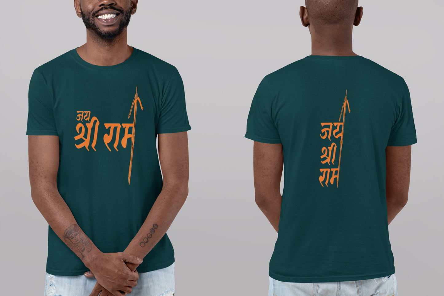 Jai Shri Ram Sommer-T-Shirt mit orangefarbenem Aufdruck vorne und hinten für Herren