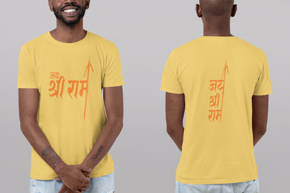 Jai Shri Ram Sommer-T-Shirt mit orangefarbenem Aufdruck vorne und hinten für Herren