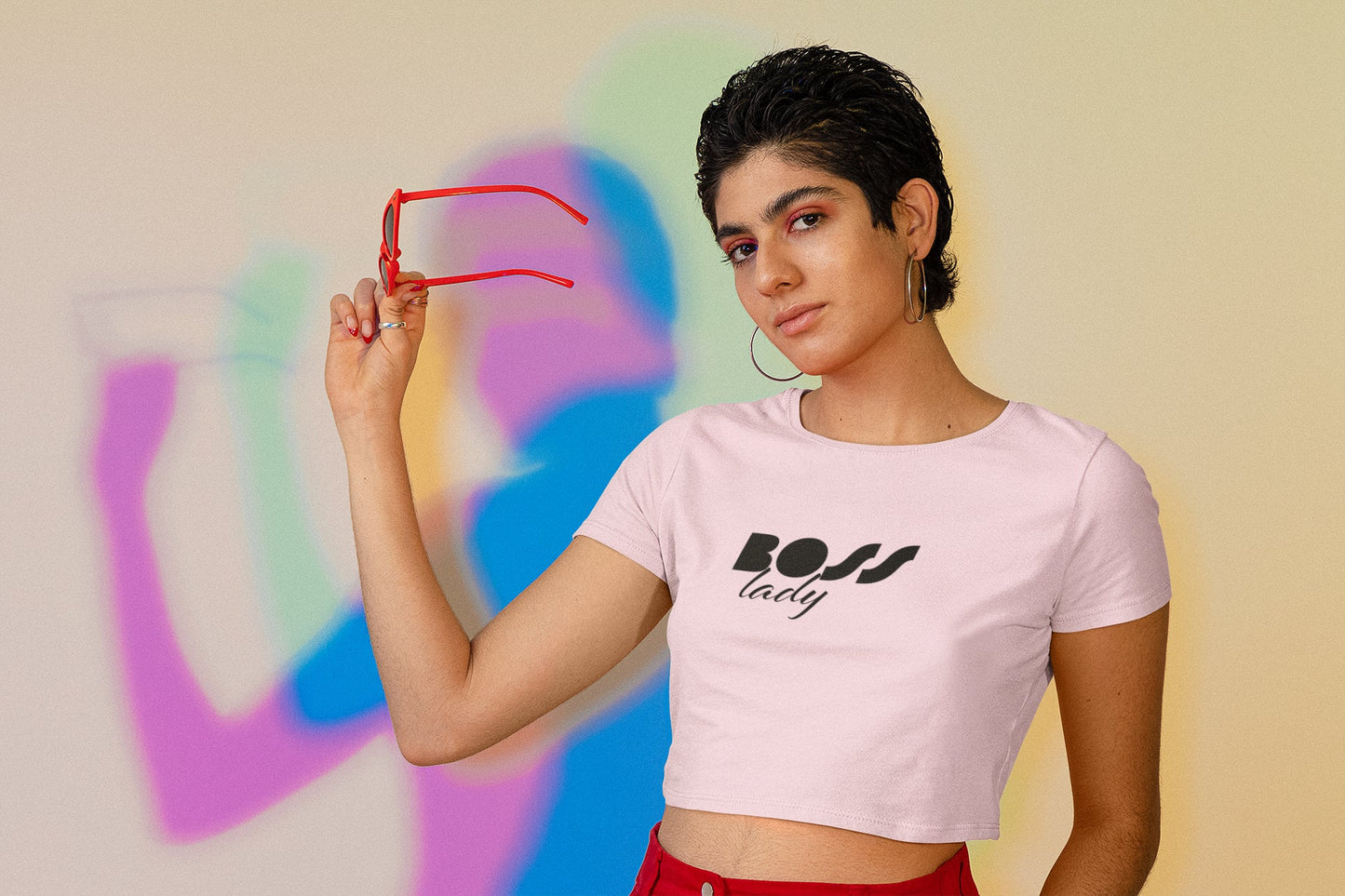 Boss Lady Schwarz bedrucktes Crop-Top für Damen