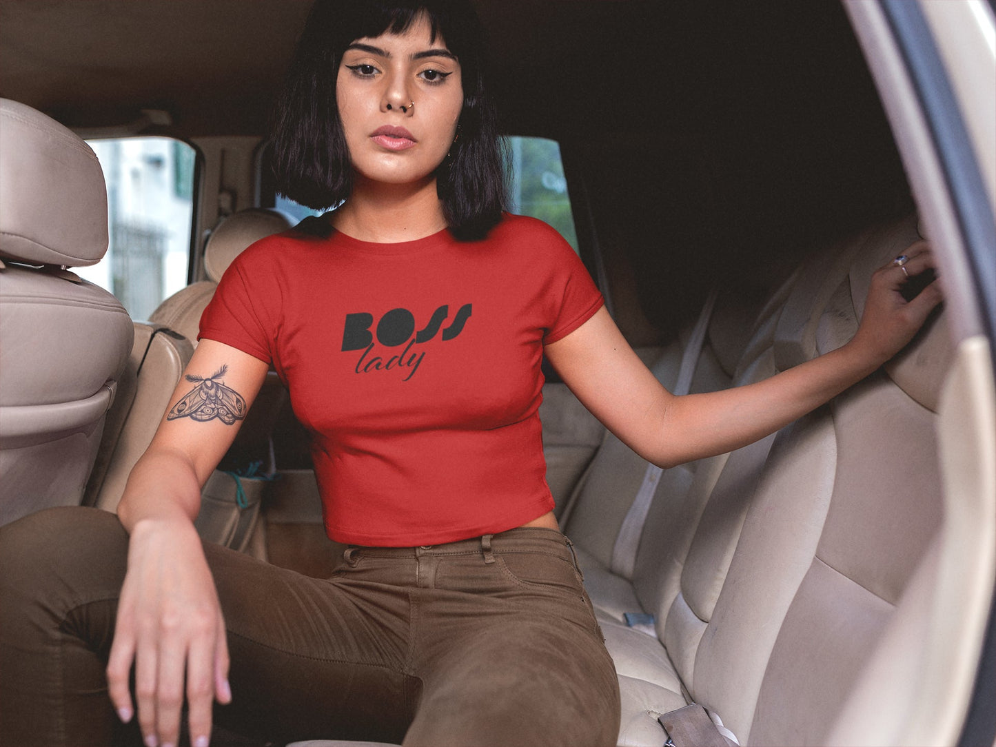 Boss Lady Schwarz bedrucktes Crop-Top für Damen