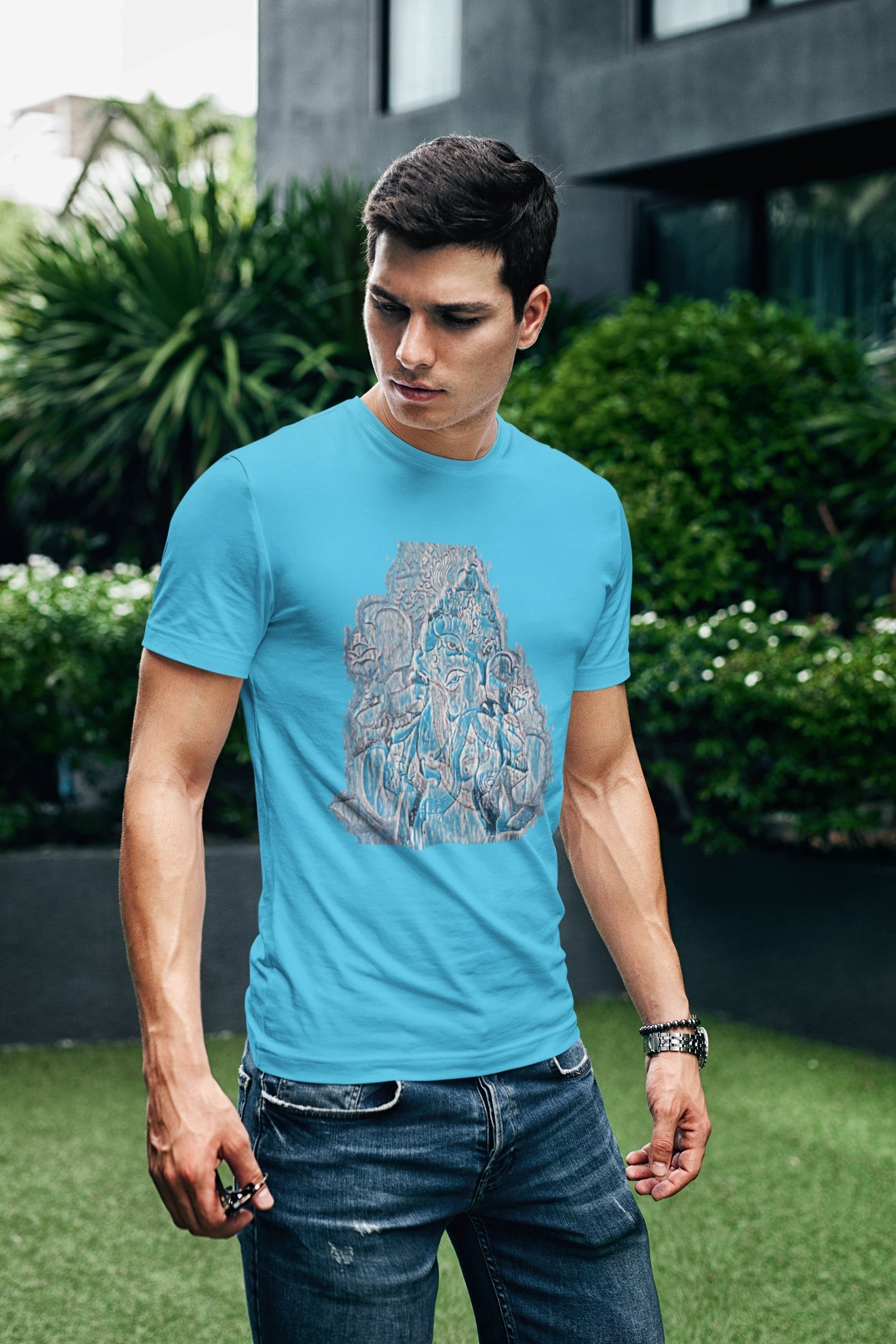 Blaues Ganpati Sommer-T-Shirt für Herren