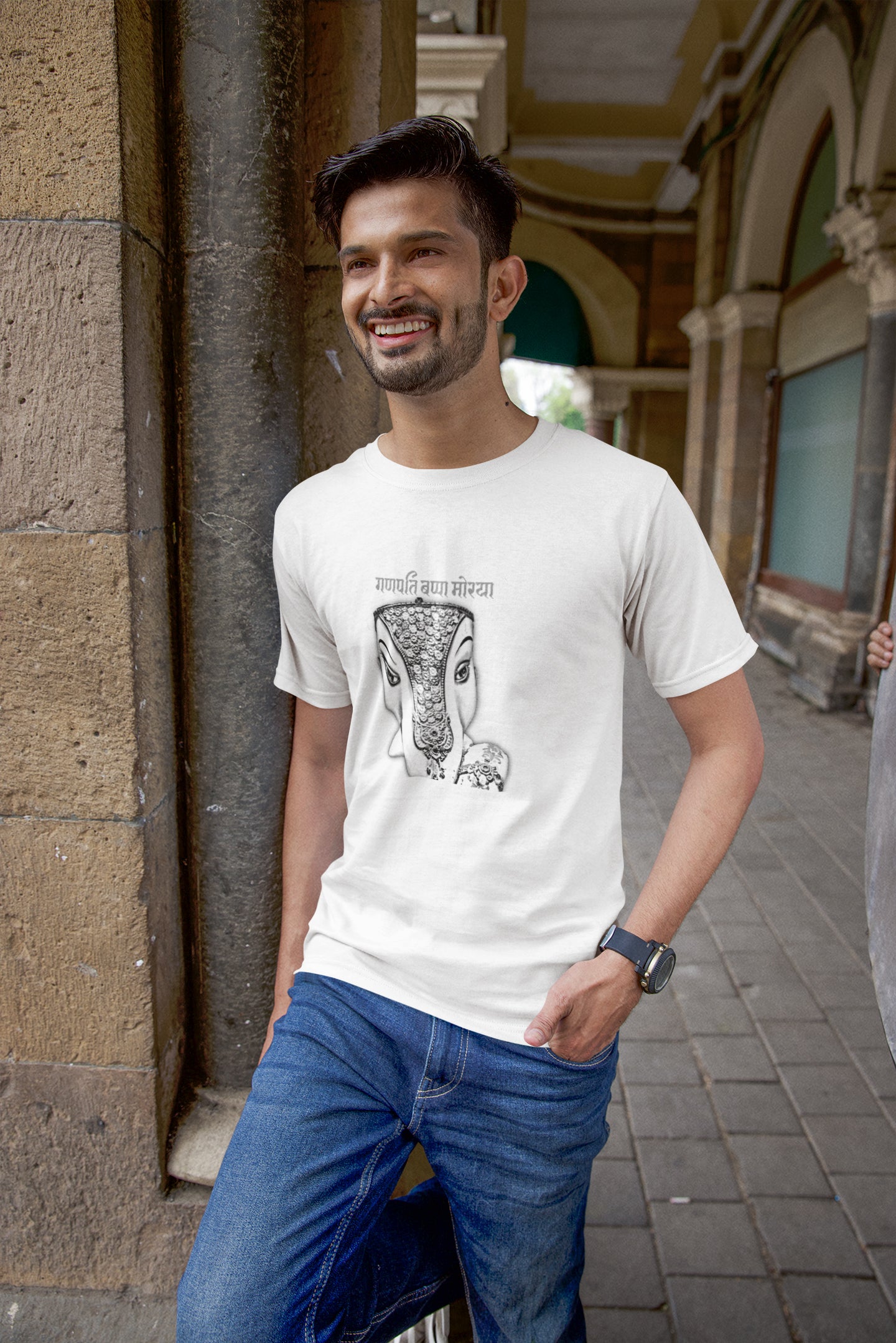 Ganpati Half Pencil Sketch Summer T-shirt for Men