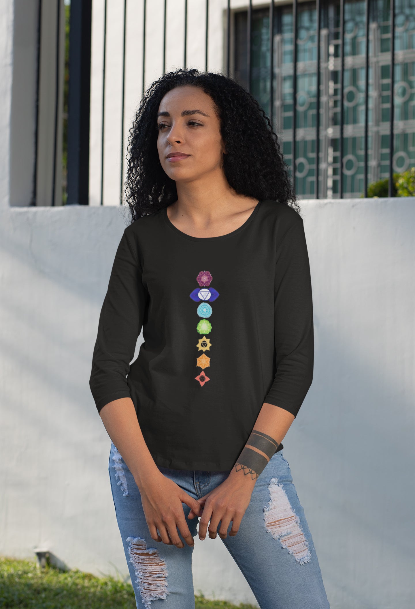 7 Chakras 3/4th Sleeve Cotton T-shirt for Women