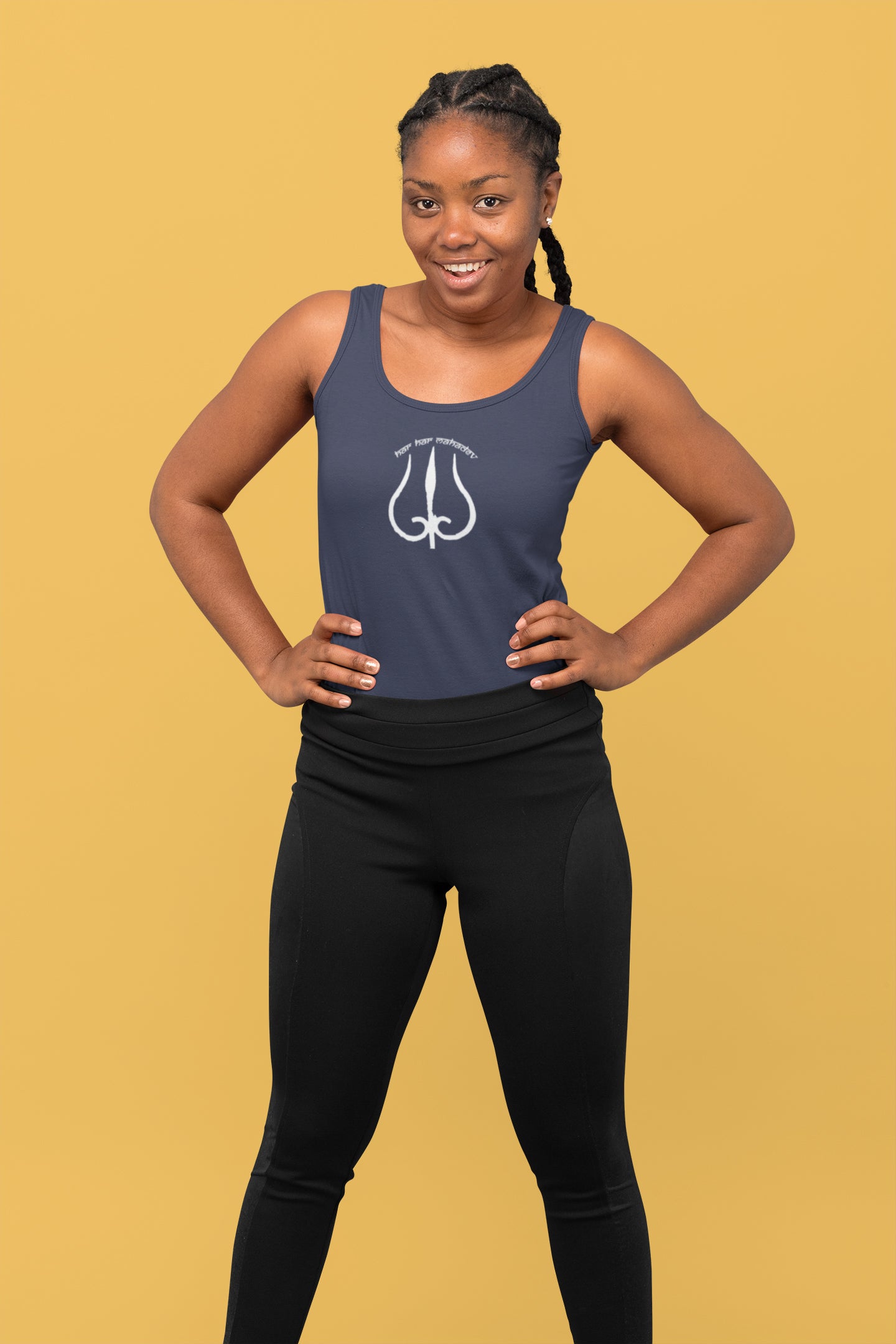 Har Har Mahadev White Trident Tank Top for Ladies