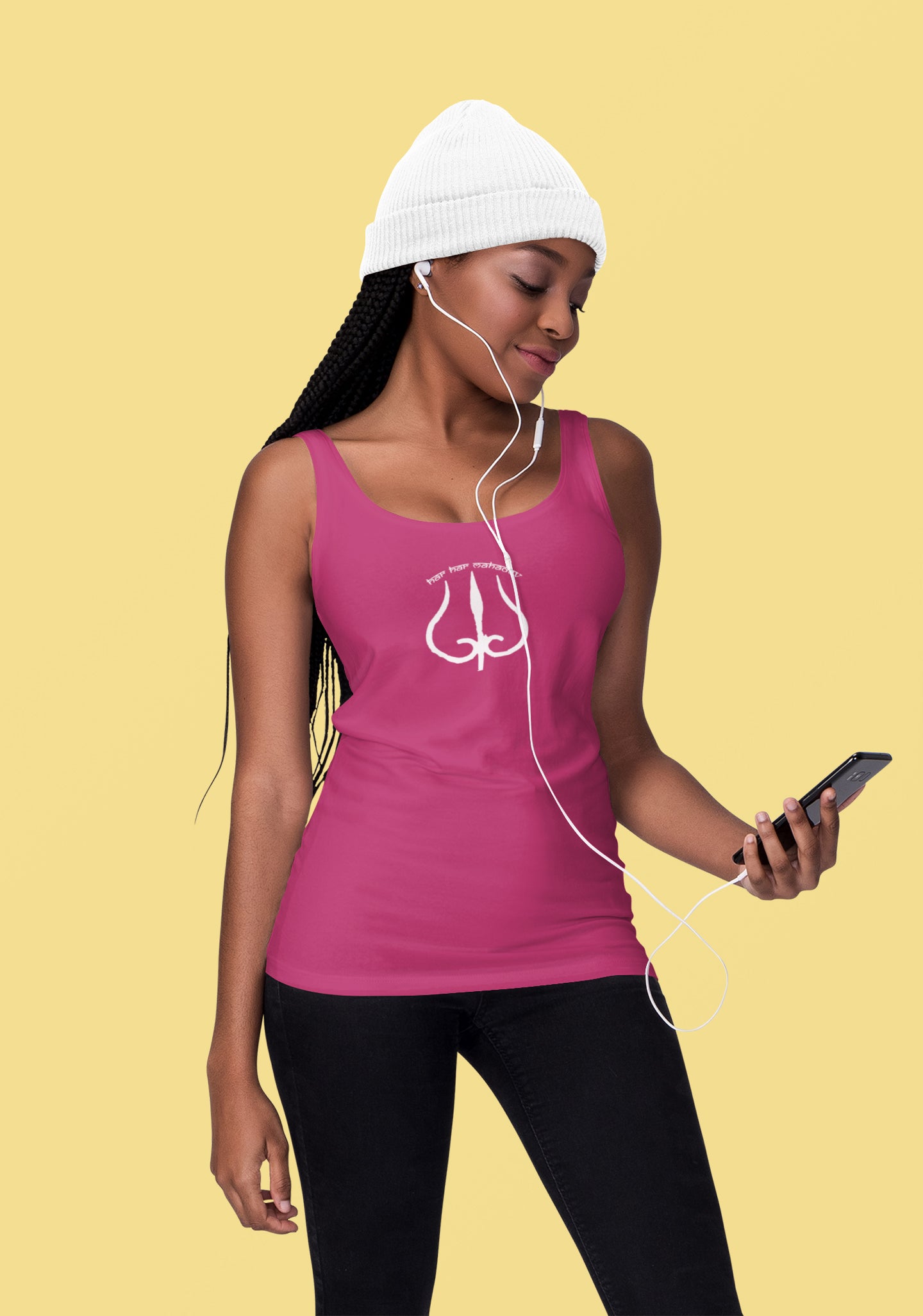 Har Har Mahadev White Trident Tank Top for Ladies